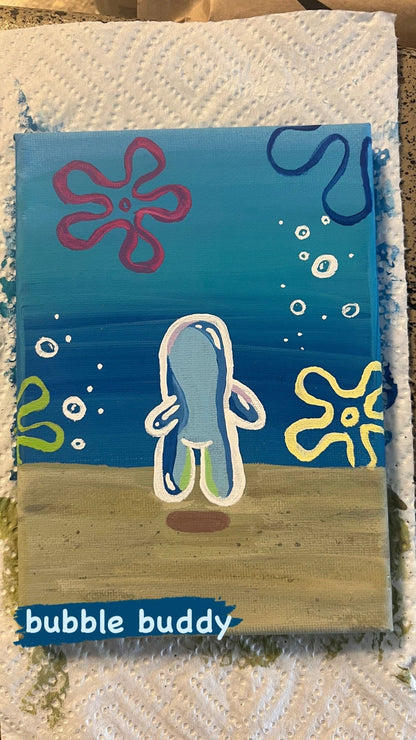 colorful canvas painting of a bubble shaped person floating underwater with flower clouds and tiny bubbles in the background