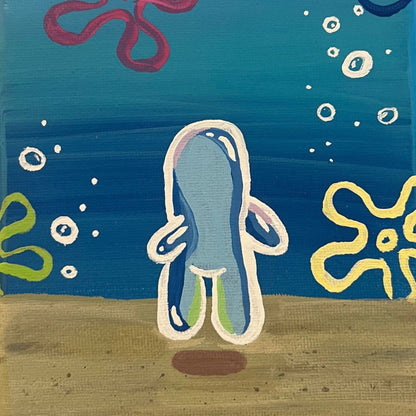 colorful magnet depicting a painting of a bubble shaped person floating underwater with flower clouds and tiny bubbles in the background