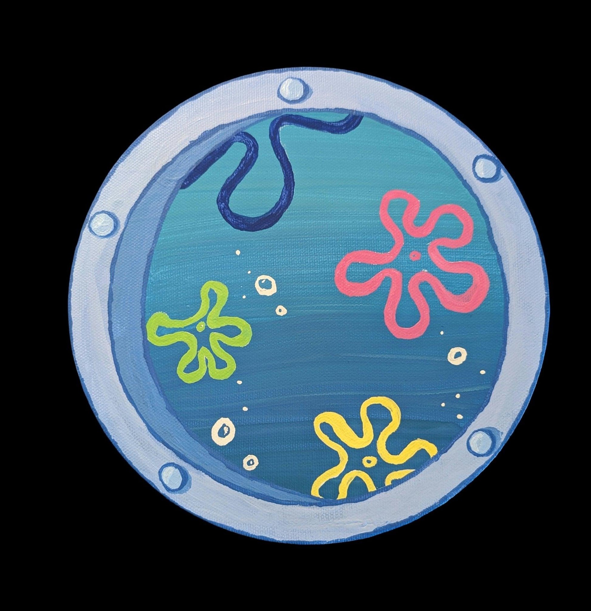 captivating window art piece with underwater ocean view - hand-painted in acrylic - JellyfishParty