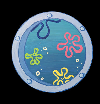 captivating window art piece with underwater ocean view - hand-painted in acrylic - JellyfishParty