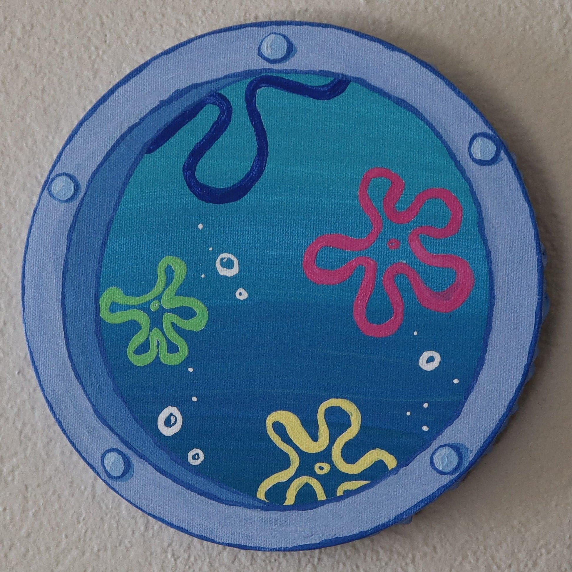 captivating window art piece with underwater ocean view - hand-painted in acrylic - JellyfishParty