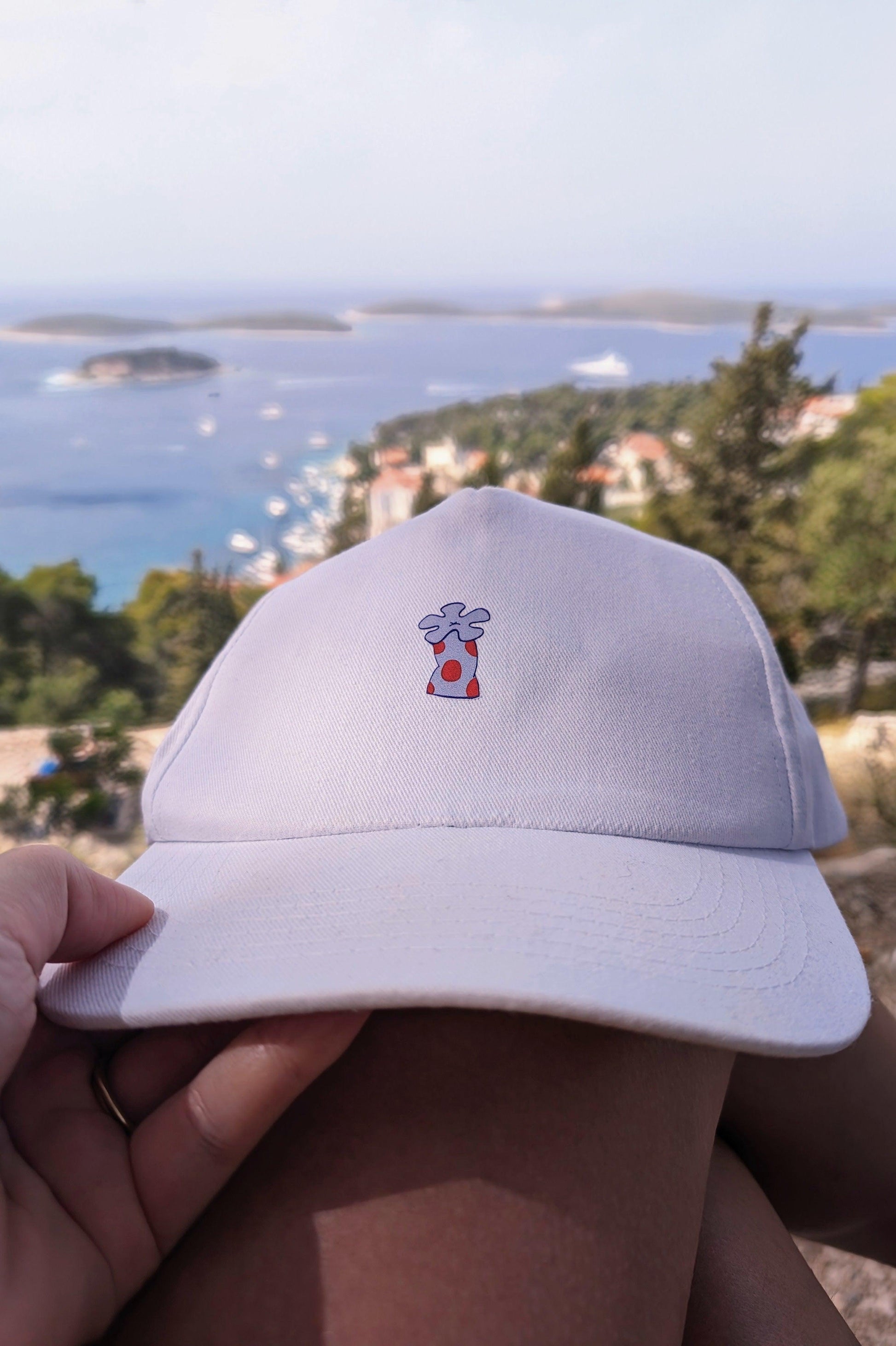 white ball cap with coral flower accent - JellyfishParty