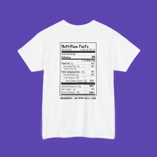 nutrition facts label design by jellyfishparty on the back of a white t-shirt