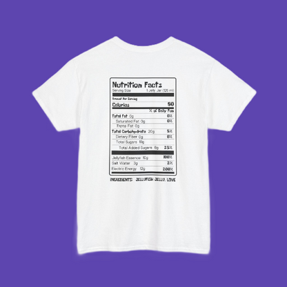 nutrition facts label design by jellyfishparty on the back of a white t-shirt