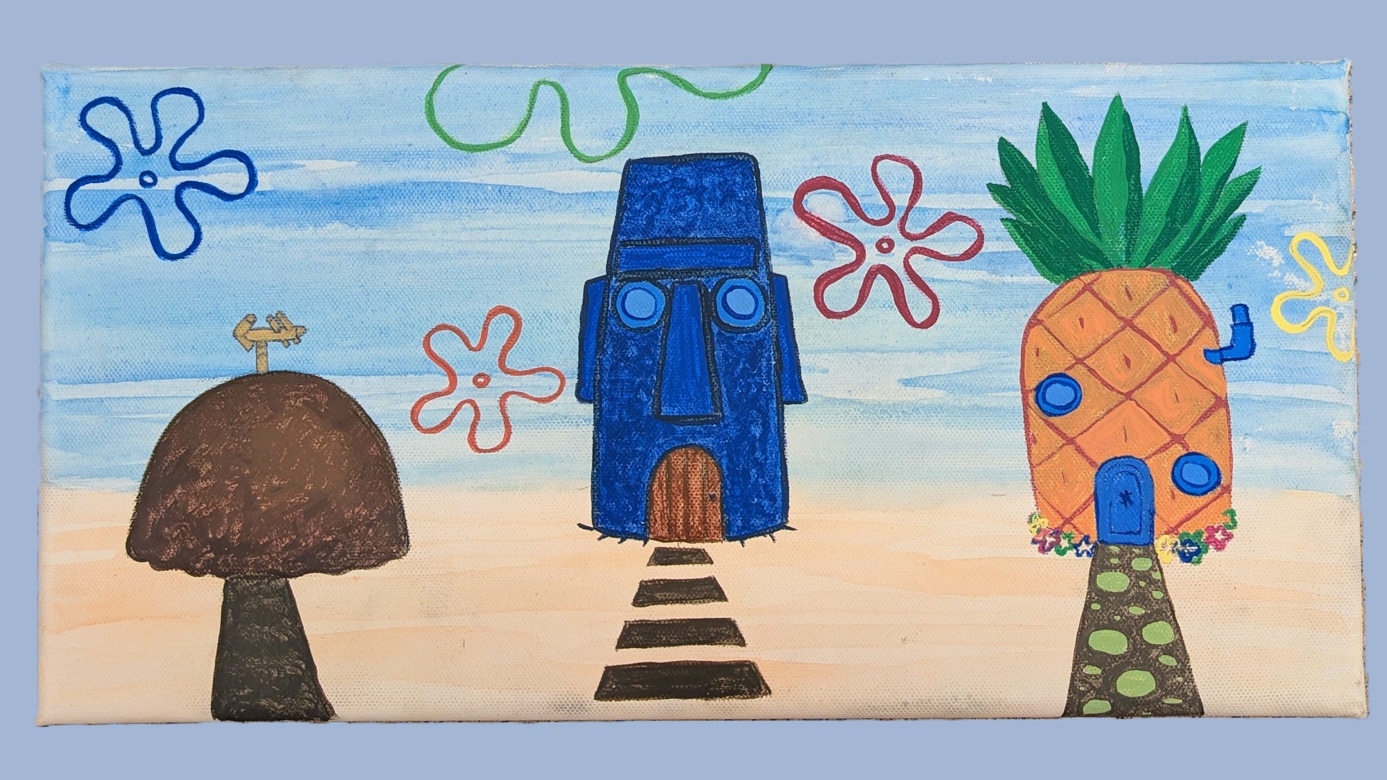 acrylic and watercolor painting of the three houses on conch street in spongebob squarepants painted by the artist JellyfishParty