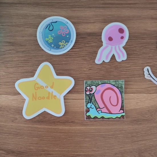 video panning across stickers inspired by the television show spongebob squarepants