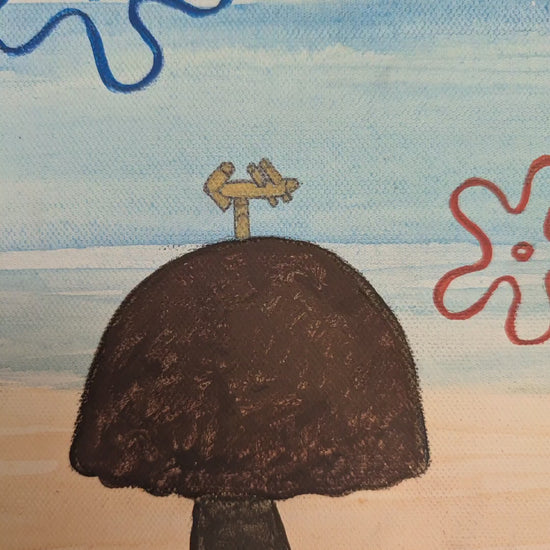 a three second video panning upclose and across a mixed media painting of the three iconic houses from spongebob. this painting contains watercolor, acrylic, marker and colored pencil details.