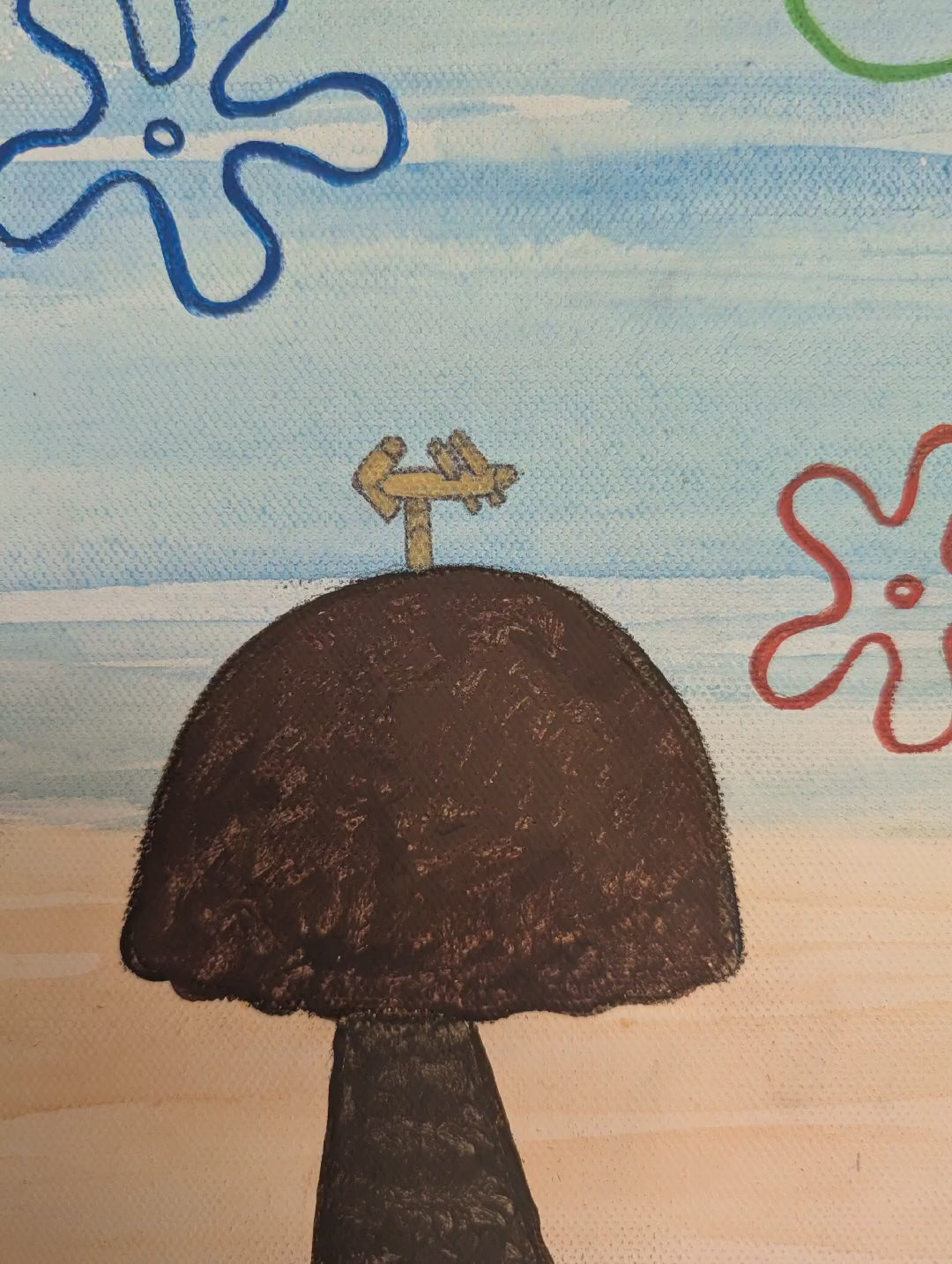 a three second video panning upclose and across a mixed media painting of the three iconic houses from spongebob. this painting contains watercolor, acrylic, marker and colored pencil details.