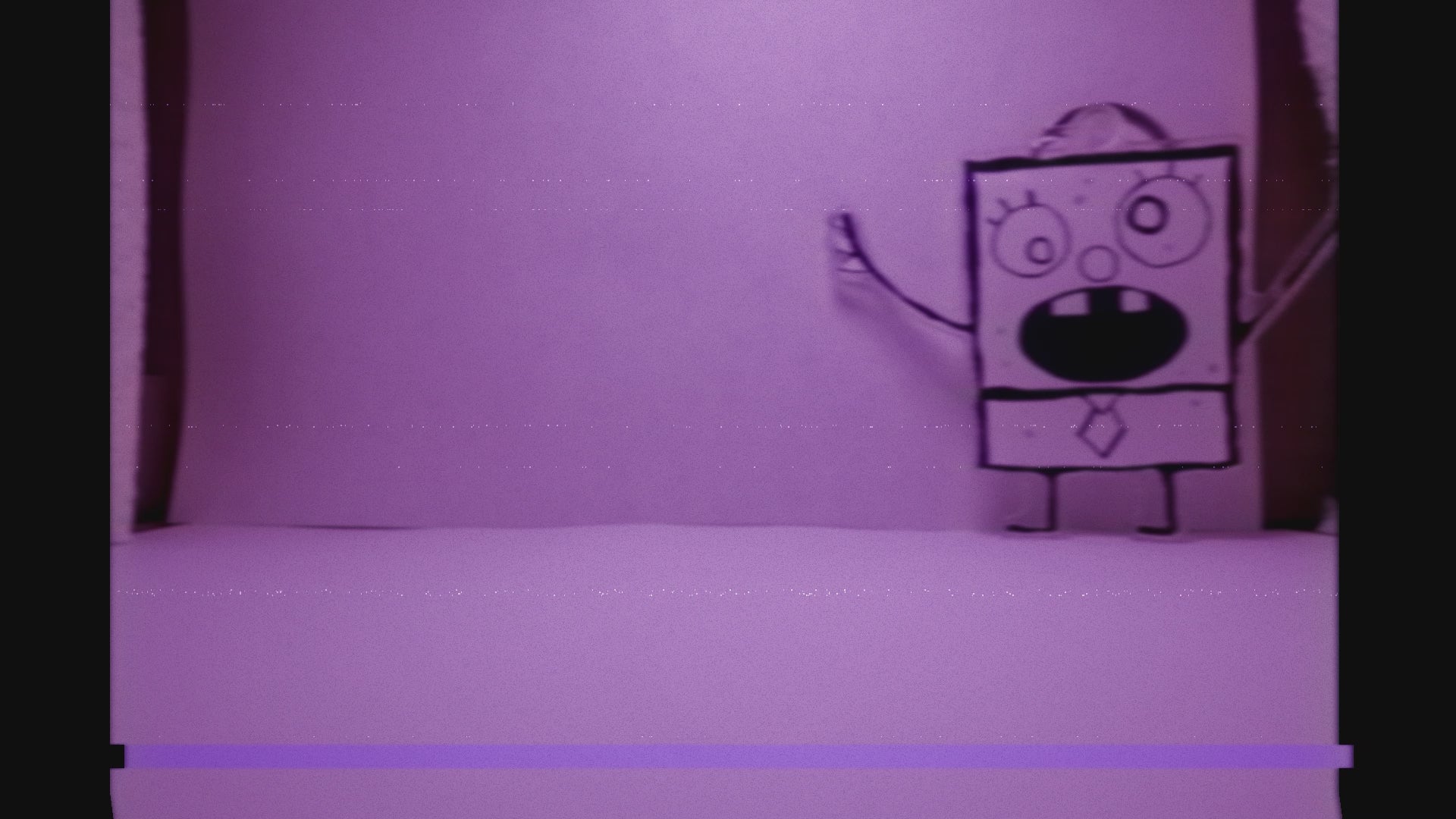 stop motion video with vcr effect of doodlebob keychain walking around a white room like it was captured on security footage