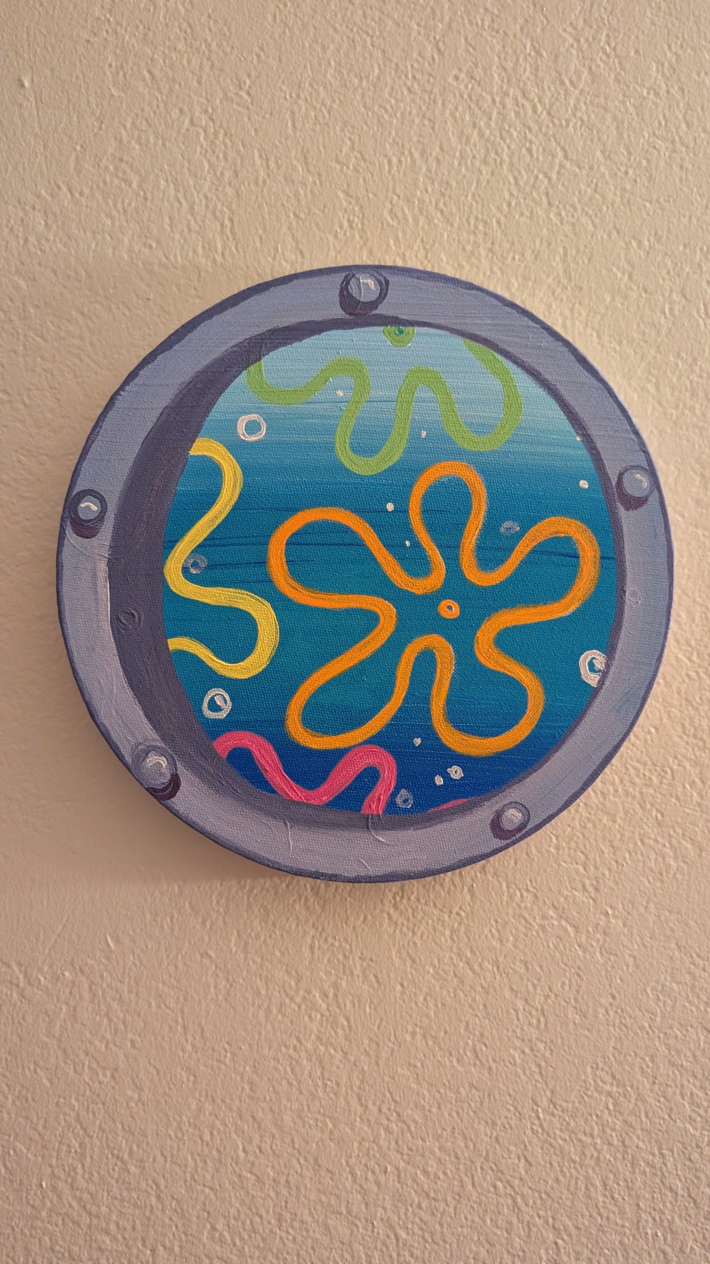 cautivadora obra de arte en ventana con vista submarina al océano, pintada a mano en acrílico
