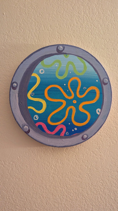 cautivadora obra de arte en ventana con vista submarina al océano, pintada a mano en acrílico