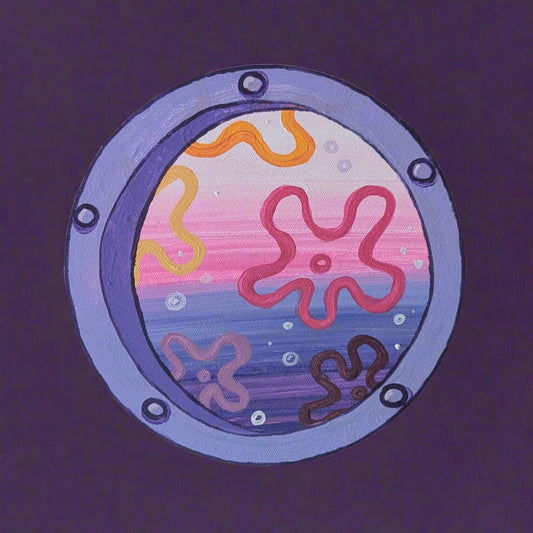 Circular artwork with underwater scene and purple border on a white wall