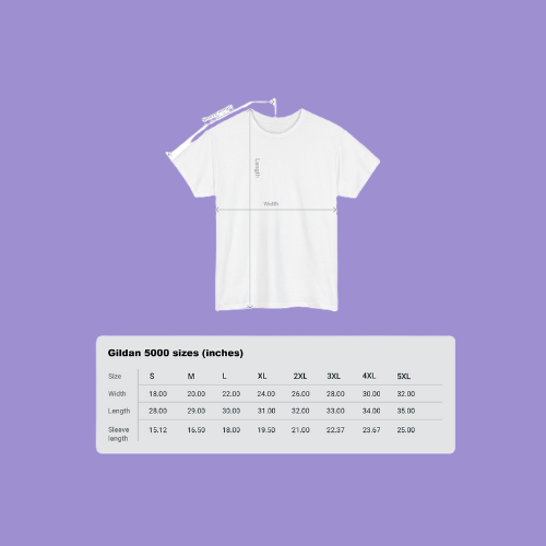 sizing chart in inches for a white gildan 5000 shirt