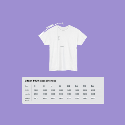 sizing chart in inches for a white gildan 5000 shirt